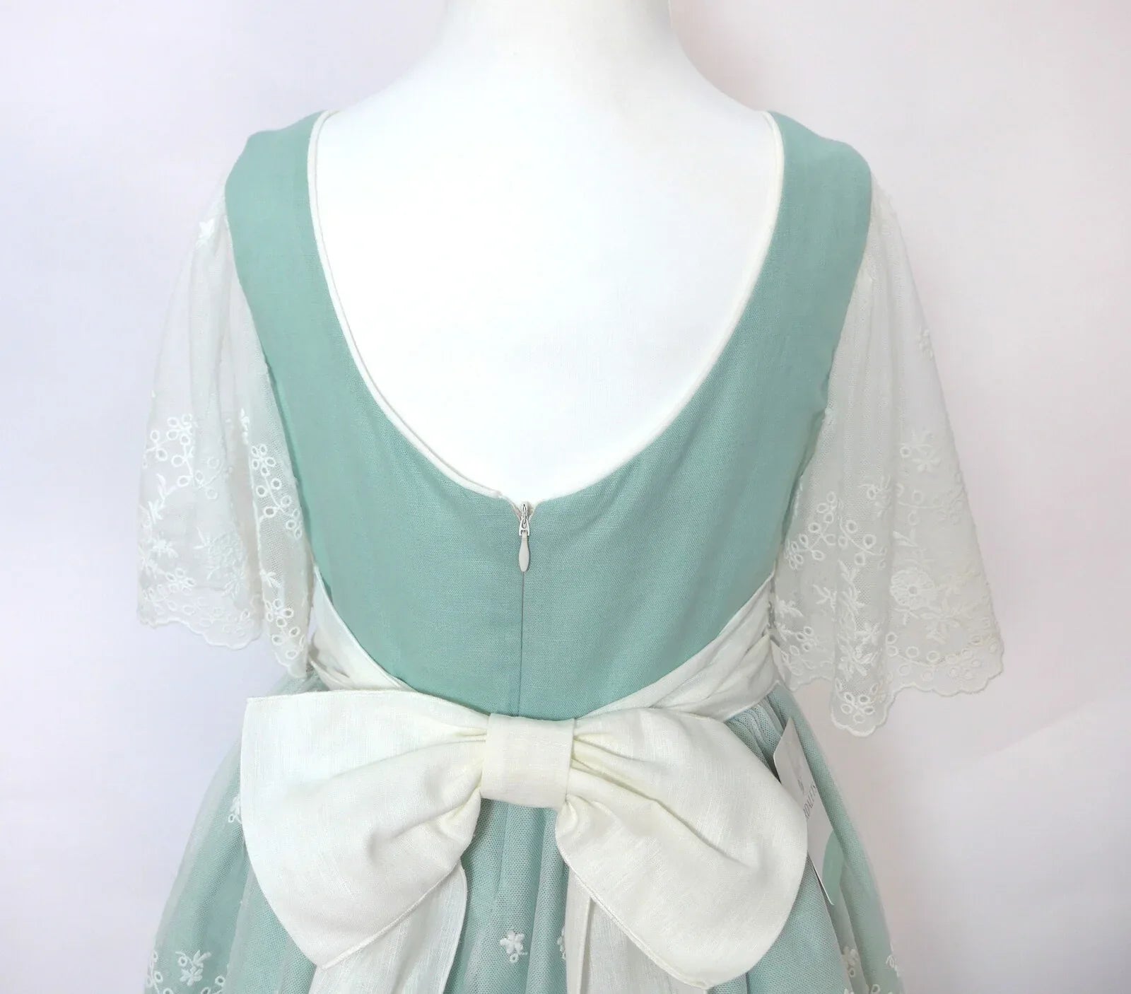 Vestido lino verde agua y tul bordado - PARDALETS