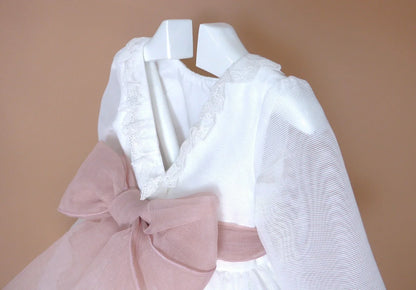 Vestido blanco organza rayada M/F fajín rosa - PARDALETS