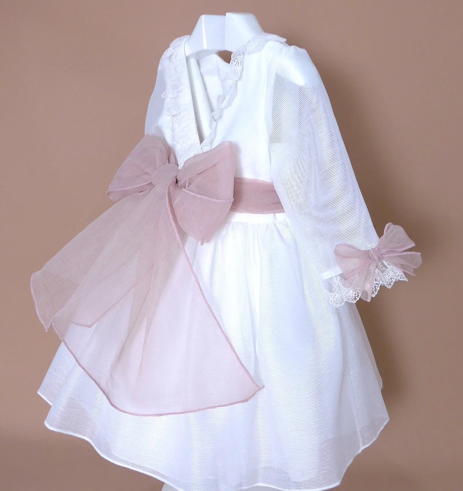 Vestido blanco organza rayada M/F fajín rosa - PARDALETS