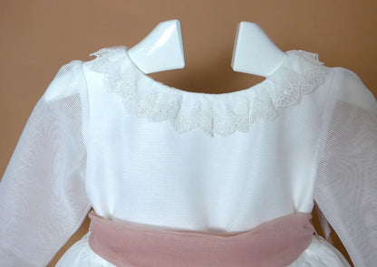 Vestido blanco organza rayada M/F fajín rosa - PARDALETS