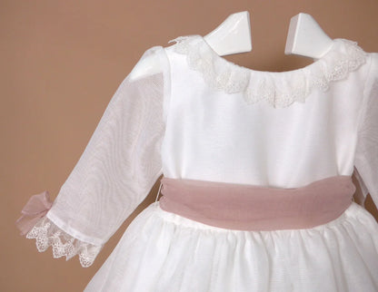 Vestido blanco organza rayada M/F fajín rosa - PARDALETS