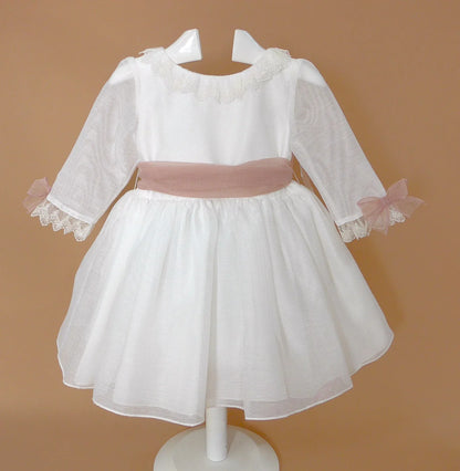 Vestido blanco organza rayada M/F fajín rosa - PARDALETS