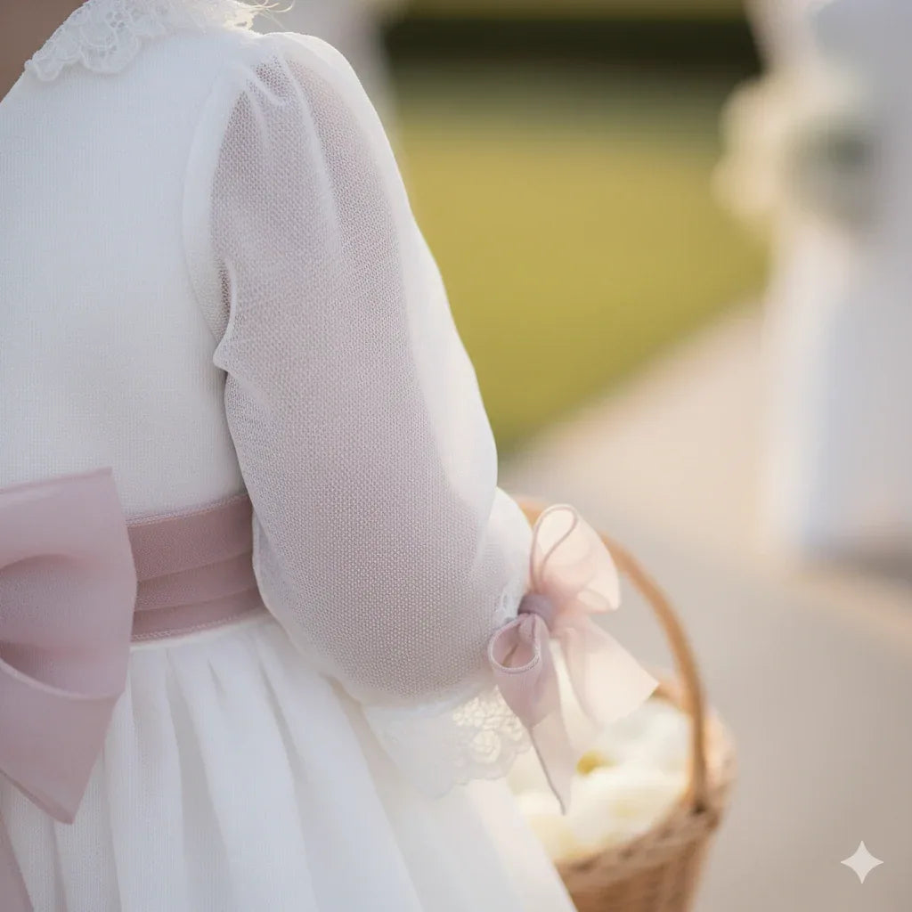 Vestido blanco organza rayada M/F fajín rosa - PARDALETS