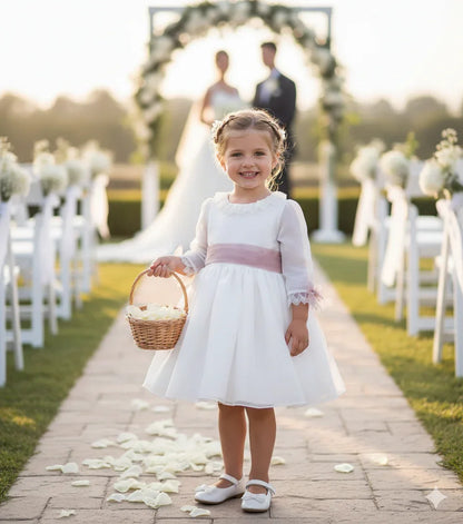 Vestido blanco organza rayada M/F fajín rosa - PARDALETS