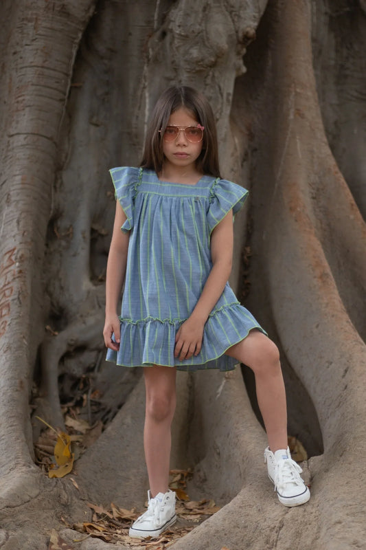 Vestido azul jeans y rayita verde - PARDALETS