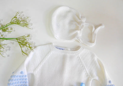 Jubon y polaina blanco con detalles azules y capota - PARDALETS