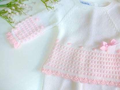 Jubon y polaina blanco con detalles rosas y capota - PARDALETS