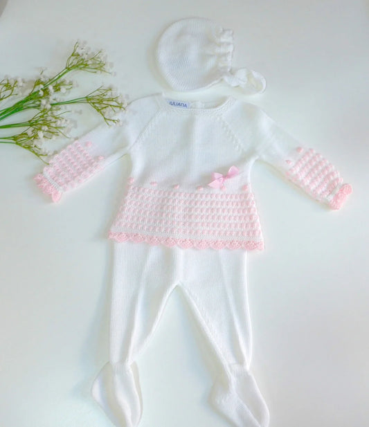 Jubon y polaina blanco con detalles rosas y capota - PARDALETS