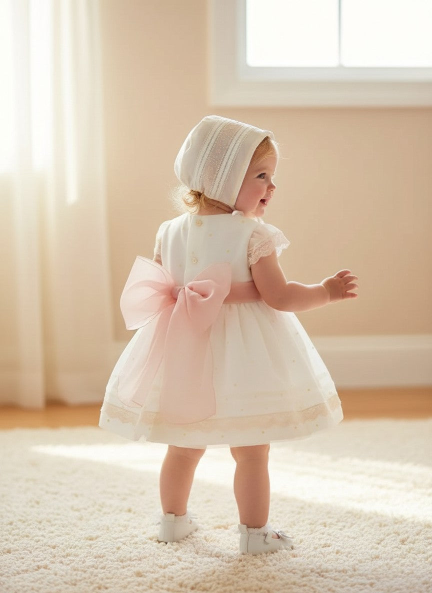 Vestido organza beig bordado manga corta y fajin rosa