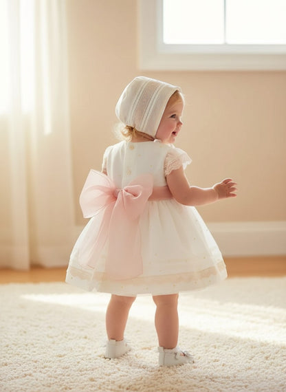 Vestido organza beig bordado manga corta y fajin rosa