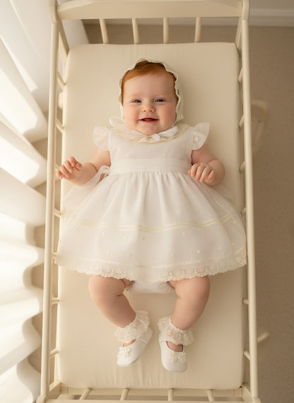 Vestido batista inglesa bordada con puntilla