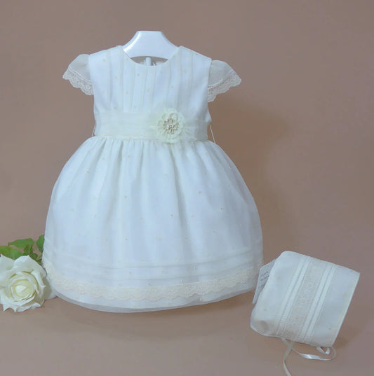 Vestido organza beig bordado con capota - PARDALETS