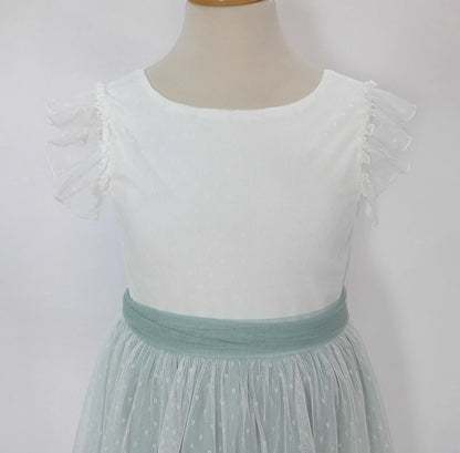 Vestido tul verde empolvado con manguita volante - PARDALETS