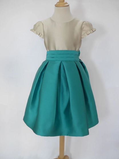 Vestido mikado arena y verde - PARDALETS