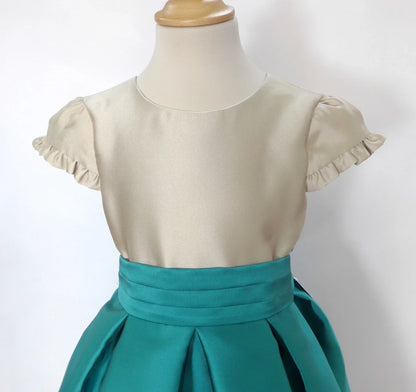 Vestido mikado arena y verde - PARDALETS