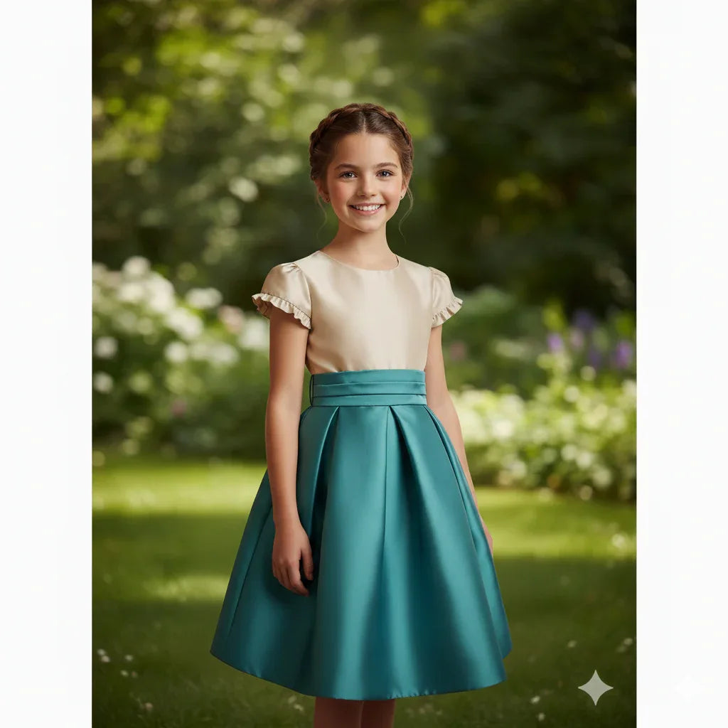 Vestido mikado arena y verde - PARDALETS