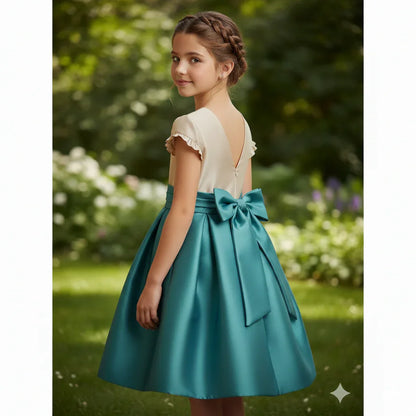 Vestido mikado arena y verde - PARDALETS