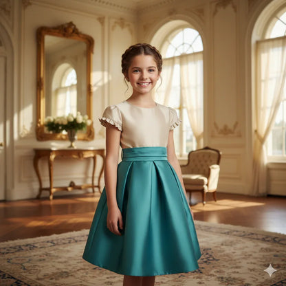 Vestido mikado arena y verde - PARDALETS