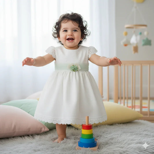 Vestido tul verde y blanco con florecitas - PARDALETS