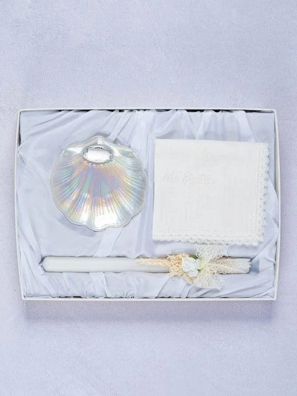 Estuche bautizo concha, vela y pañuelo - PARDALETS