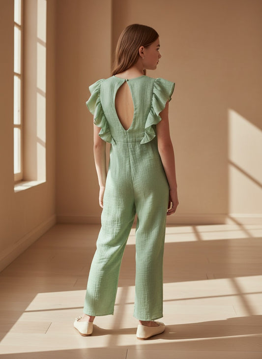 Mono verde con volantes y apertura en la espalda "Mosaico"