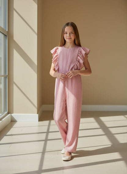 Mono rosa empolvado con volantes y apertura en la espalda "Mosaico"