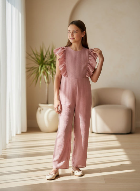 Mono rosa empolvado con volantes y apertura en la espalda "Mosaico"