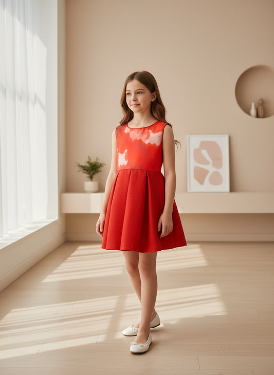 Vestido cuerpo estampado rojo y falda cuadrille rojo