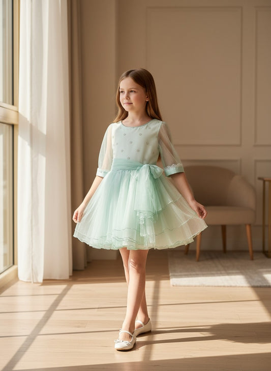 Vestido tul verde mint manga francesa con volantes