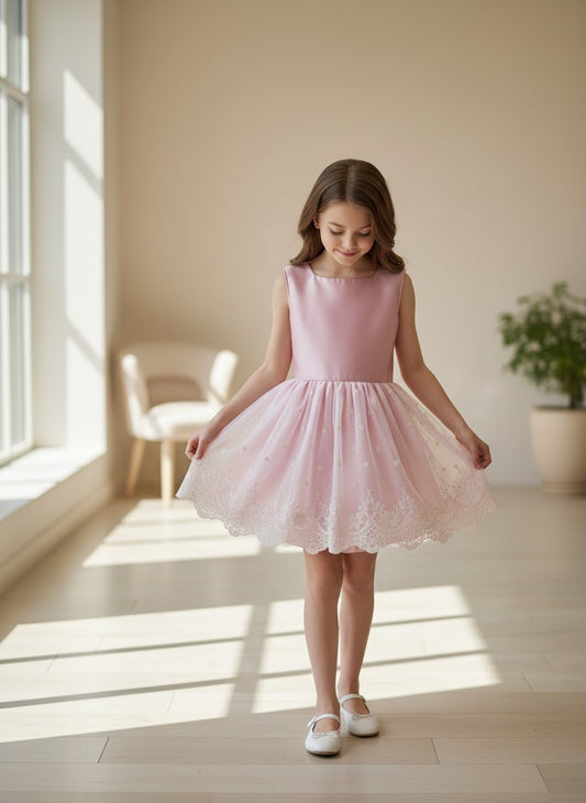 Vestido cuerpo mikado rosa maquillaje sin mangas y falda tul bordado beig