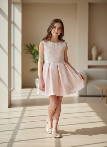Vestido brocado salmon y mikado blanco roto