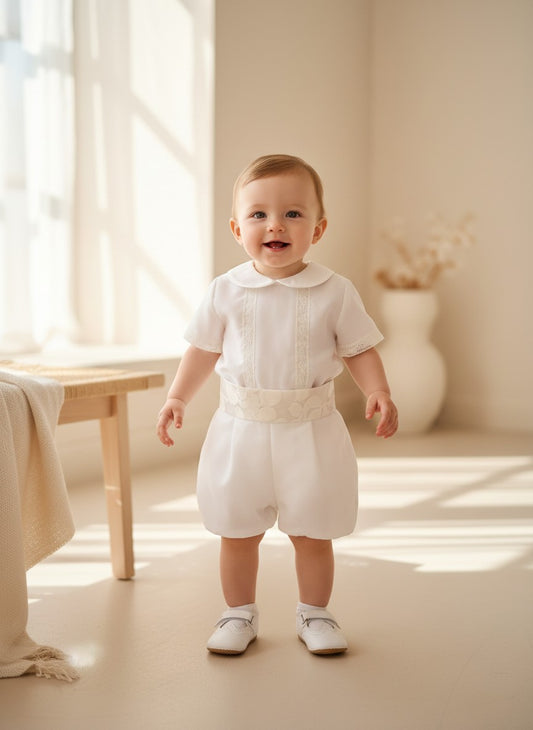 Conjunto camisa y short organza beig con fajin y puntillas