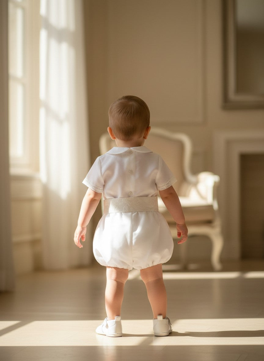 Conjunto camisa y short organza beig con fajin y puntillas