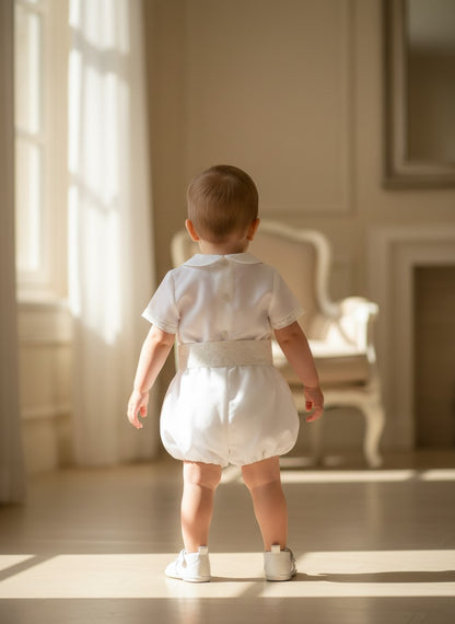 Conjunto camisa y short organza beig con fajin y puntillas