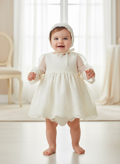 Vestido tul bordado beig con capota y braguita