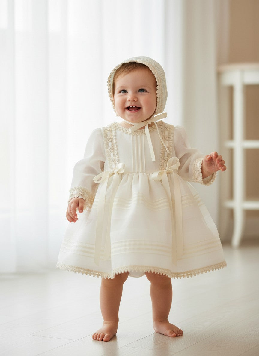 Vestido beig manga larga con pasacintas y capota