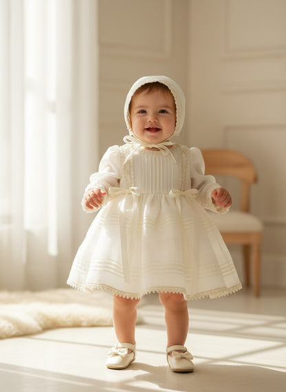 Vestido beig manga larga con pasacintas y capota