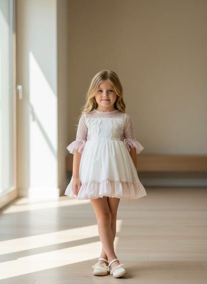 Vestido tul beig y volantes rosas