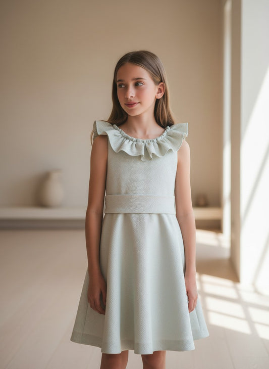 Vestido brocado verde y dorado falda acampanada