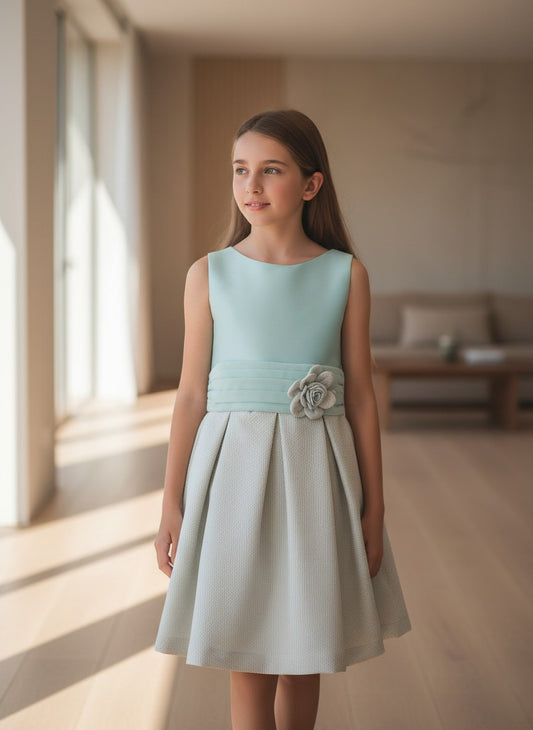 Vestido mikado verde agua y falda brocado verde y dorado