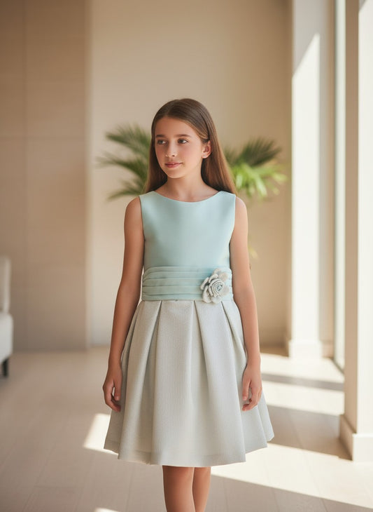 Vestido mikado verde agua y falda brocado verde y dorado