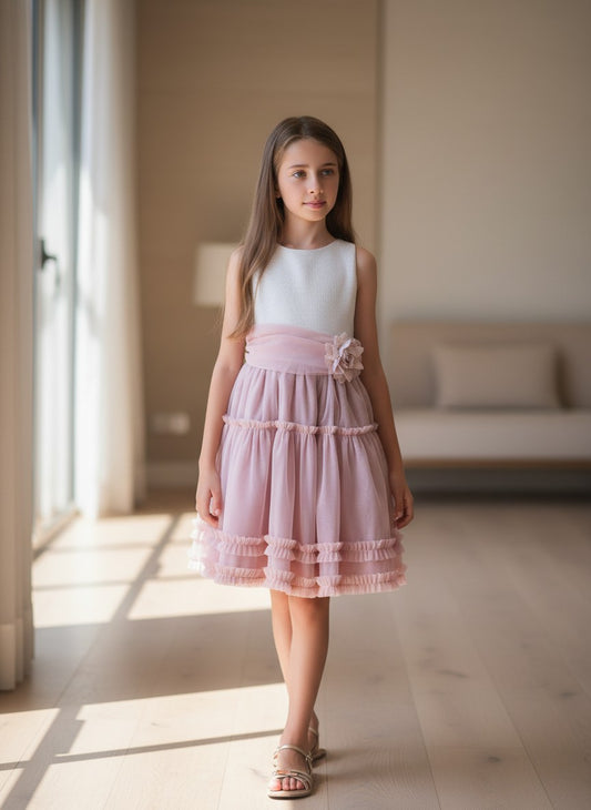 Vestido cuerpo brocado rosa y dorado con falda tul rosa