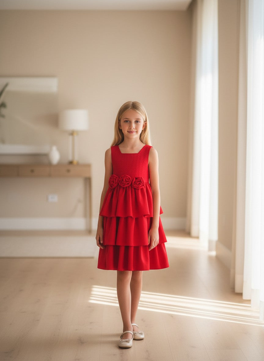 Vestido cuerpo jackard rojo y falda 3 volantes con lazada