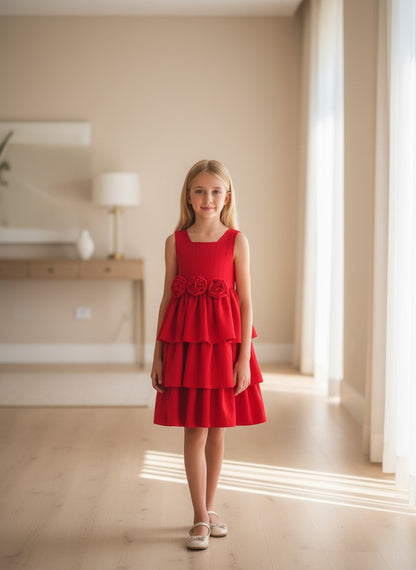 Vestido cuerpo jackard rojo y falda 3 volantes con lazada