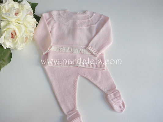 Jubon y polaina algodon rosa con puntilla beig