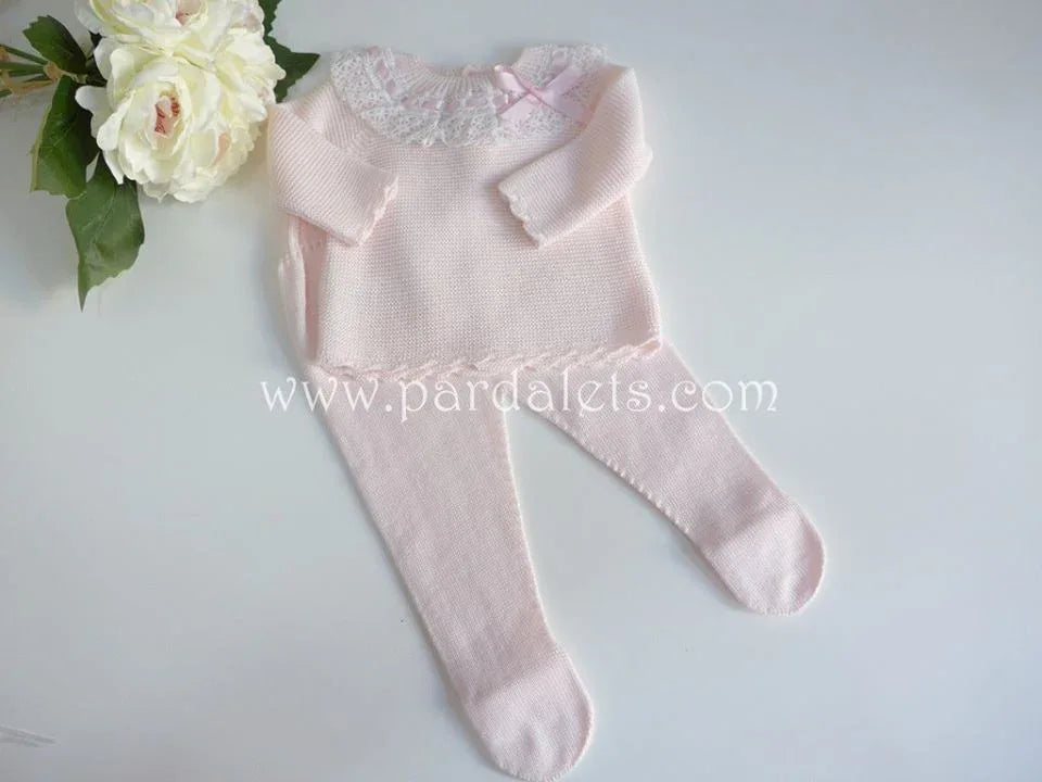 Jubon y polaina rosa bebe de algodon con lazo rosa - PARDALETS