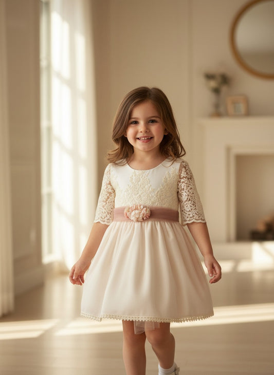 Vestido tul bordado beig y falda tul rosa empolvado