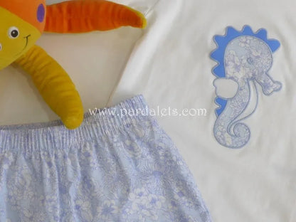 Camiseta blanca caballito de mar con banador azul - PARDALETS