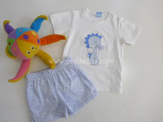 Camiseta blanca caballito de mar con banador azul - PARDALETS