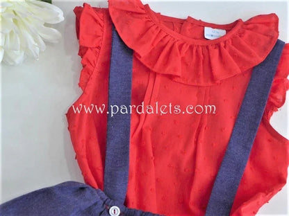 Culotte azul marino con tirantes y blusa plumeti rojo - PARDALETS